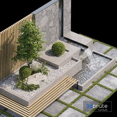 an artistic rendering of a modern garden with water feature and stone planters, shrubs and trees