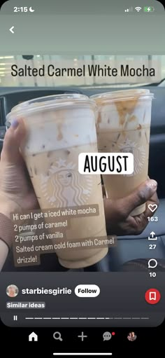 someone holding two cups of iced coffee in their hand and the caption reads, salted caramel white mocha