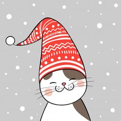 a cartoon cat wearing a red and white knitted hat with snow falling around it