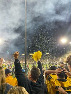 a group of people standing on top of a field holding up yellow pom poms