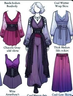 four different types of clothing for women with names on the front and side, all in purple