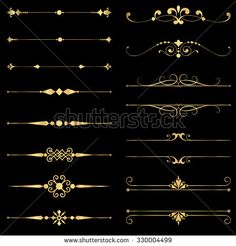 a set of golden decorative dividers and lines on a black background for text or design