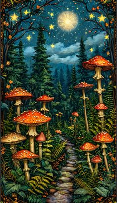 a painting of mushrooms and stars in the night sky above a forest with a stream running through it