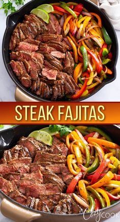 steak fajitas with peppers and onions in a skillet