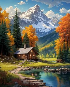 a painting of a cabin in the woods with mountains and trees around it, near a lake