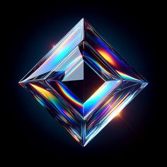 Illustration of a 3D rendering of a glass rhombus, its form capturing and magnifying light to display a kaleidoscope of striking colors. Positioned against a deep black backdrop, the rhombus's edges gleam, and the colors within it pulse with vibrant energy. Prism Graphic Design, Kaleidoscope Design, Light Logo, Color And Light, Hex Color Palette, Texture Graphic Design, Black Backdrop, Motion Graphics Inspiration, New Year Designs