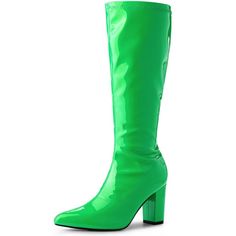 Step into the spotlight with the Perphy Women's Patent Leather Chunky Heels Knee High Go Go Boots. These boots are a modern nod to the vibrant disco era, perfect for those who love to make a style statement.

- Color: Green
- Size: 8
- Material: Vamp: Patent Leather; Outsole: Rubber; Heel: ABS
- Features: Pointed toe, zipper closure, block heel
- Heel Height: 3 1/3 inches

Crafted from glossy patent leather, these knee-high boots feature a sturdy block heel and a sleek pointed toe, complemented Trendy Patent Leather Knee-high Boots, Green Platform Boots For Party, Retro Fitted High Heel Platform Boots, Retro Knee-high Winter Boots, Retro Pointed Toe Boots, Trendy Party Boots Made Of Polyurethane, Retro Fall Party Heels, Retro High Heel Fitted Boots, Retro Spring Heeled Boots With Pointed Toe