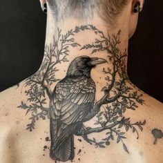 Back Neck Tattoo Body Art Tattoo Stencil Kit Woman Throat Tattoo, Long Neck Dinosaur Tattoo, Neo Traditional Crow, Neck Tattoo Woman, Woods Tattoos, Bird Neck Tattoo, Neo Traditional Chest Tattoo, Back Neck Tattoo, Art Tattoo Stencil