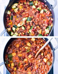 two pictures showing the same pot of beans and zucchini