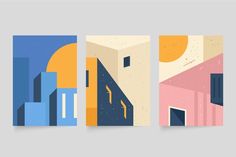 three abstract paintings with different shapes and colors, each featuring an image of a city