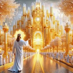 a painting of jesus walking in front of a golden castle with white doves on it