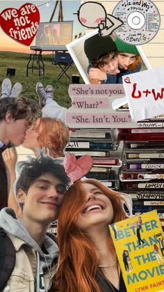 collage of people holding books and smiling at each other with words written on them