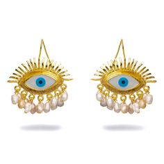 Turn heads and stay protected with the Eyes On You Gold & Pearl Chunky Evil Eye Earrings. Crafted in 24k gold plating, these bold earrings feature a large, detailed evil eye with striking lashes, a blue enamel pupil, and a pearl accent. Dangling pearls add an extra touch of elegance, while the powerful evil eye motif brings protective energy.  Whether you're at a special event or making a statement in your everyday wear, these earrings ensure all eyes are on you while keeping negative energy at bay. Details 24k gold plated on brass Blue enamel  Pearl stone Length 1'' width 1, 5'' Avoid contact with chemicals, makeup, parfume. Do not use dips or abrasive cleaners on earrings. To clean and brighten it up your earrings, wipe them gently with jewelry polishing cloth. Eye Motif, Protective Energy, Smart Glass, Pearl Stone, Bold Earrings, Evil Eye Earrings, White Eyes, Forever Jewelry, Eye Earrings