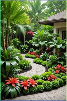 a garden with lots of green plants and red flowers in the center, surrounded by palm trees