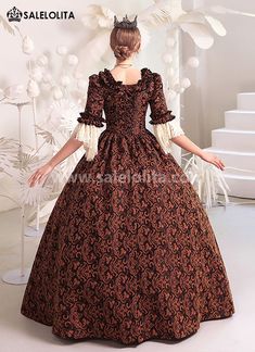 Coffee Floral Women Gothic Victorian Dress Gown Condition: Brand New  Color:Coffee Floral  Material: This dress made of High Quality Jacquard, soft,smooth and comfortable to wear  Sleeve Length: Half Flare Sleeve  Dresses Length:Floor-Length  Neckline:  Square Collar  Decoration: Ruffles + Lace   Package Includes: One Dress    The length of skirt about 45 inches (114 cm) long from waist to hem regardless of size. This dress is pictured with a 6-hoop skirt Petticoat underneath to achieve the Brown Fall Wedding Dress, Fitted Floor-length Brown Gown, Fitted Brown Formal Gown, Formal Fitted Brown Gown, Brown Fitted Formal Gown, Brown Ball Gown, Victorian Dress Gown, Masquerade Party Dresses, Gothic Victorian Dresses