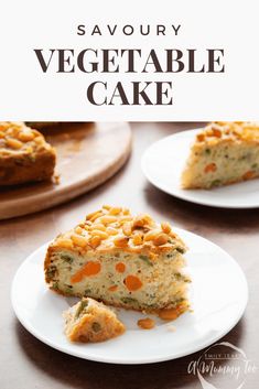 a slice of vegetable cake on a plate with the text savory vegetable cake