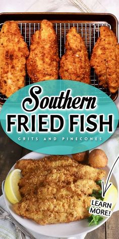 southern fried fish on a plate with lemons