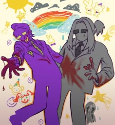 an image of two people dressed up as zombies in front of a rainbow colored background