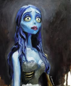 a painting of a woman with blue hair and yellow eyes holding a baseball bat in her hand