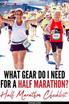 a woman running in a marathon with the words what gear do i need for a half marathon?