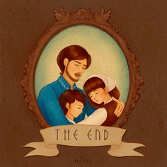 a painting of a man and two children with the words the end in front of them