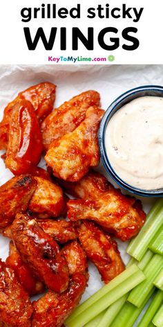 Grilled sticky chicken wings next to celery sticks. Best Grilled Chicken Wings, Sticky Chicken Wings Recipe, Chicken Wings On The Grill, Wings On The Grill, The Best Grilled Chicken, Sticky Chicken Wings, Best Grilled Chicken, Treat Making