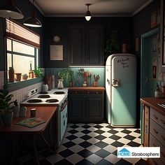 a kitchen with a checkered floor and green walls is shown in this animated image