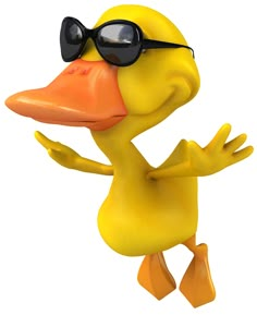 a rubber duck wearing sunglasses and standing on one leg with his arms out in the air