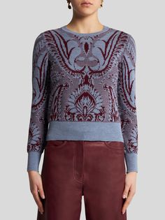 Wool jacquard sweater with Paisley motif.• Regular fit• Crew neck• Long sleeves• Made in Italy• The model is 5’10” (178 cm) tall and wears a size 40 (IT) • 100% wool Paisley Sweater, Italian Textiles, Embroidered Wool, Jacquard Sweater, Jacquard Knit, Wool Knit, Sweaters Knitwear, Shearling Jacket, Wool Jacket