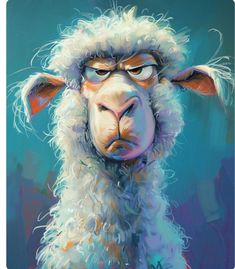 a painting of a sheep with glasses on it's head, looking at the camera