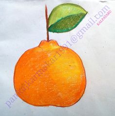 an orange with a green leaf on it's tip is drawn in colored pencil