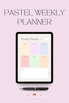 the pastel weekly planner is displayed on a tablet