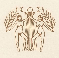 two nude women standing next to each other in front of a sun and moon symbol