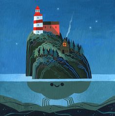 a painting of a lighthouse on top of a small island