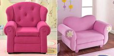 two different chairs in the same room one is pink and the other is blue with flowers on it