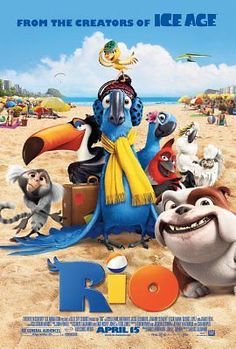 an animated movie poster with many animals on the beach and in the background are people