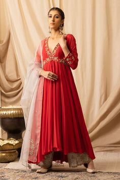 Buy Red Anarkali Pure Georgette Hand Embroidered Zardosi Deep V Neck Palazzo Set For Women by DEEPIKA CHOPRA Online at Aza Fashions. Chiffon Anarkali, Tissue Dupatta, Georgette Palazzo, Waistcoat Pattern, Red Anarkali, Shadi Dresses, Palazzo Set, Anarkali Gown, Kurta Designs Women