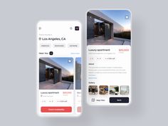 two iphone screens showing the home page and an app for real estate agent in los angeles, ca