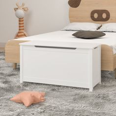 a child's bed with an animal head on it