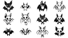 six different types of bats with black and white designs on the front, side, and back