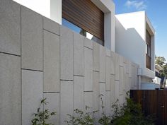 an exterior view of a house with concrete walls and plants in the foreground, against a blue sky