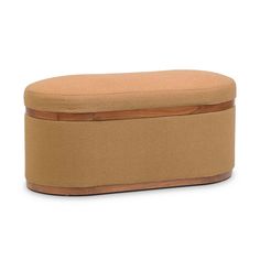 a round ottoman with a wooden frame and tan upholstered cushion on the top