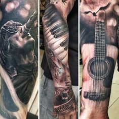 three different views of a man's arm with tattoos on it and an image of a woman holding a guitar