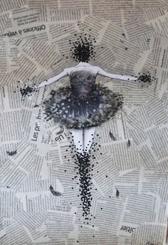 an altered photograph of a ballerina in black and white with words all over it