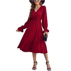 Design Feature: The 2024 smocked waist maxi dress makes you look more noticeable. The graceful casual flowy ruffle dress for women design with pull on closure, wrap v-neck, smocking elastic high waist, long lantern sleeves, tiered swing dress, a line pleated flowy hem. A-line and high waist design is easy to show your sexy curve, and the flare tiered swing skirt making you comfortable all the day, can perfectly express your personality and chic. Also can be wear as a maternity dress. Flowy Ruffle Dress, Flowy Long Dress, Midi Dress Long Sleeve, A Line Long Dress, Flowy Dress Long, Chiffon Long Dress, Floral Print Midi Dress, V Neck Midi Dress, Midi Dress Casual