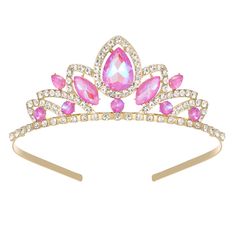 a tiara with pink and white stones on the top, in front of a white background