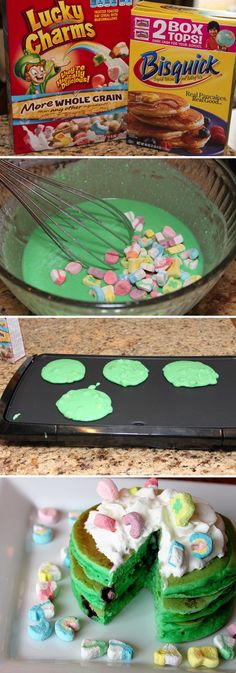 green cake with white frosting and sprinkles on the top, next to a box of lucky charms