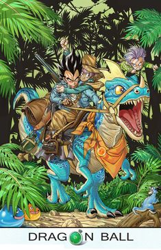 an image of dragon ball with two men riding on the back of a dinosaur