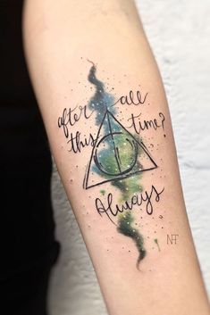 a harry potter tattoo with the words after all this time? always on it's arm