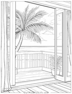 a black and white drawing of a palm tree in front of an open door to a balcony